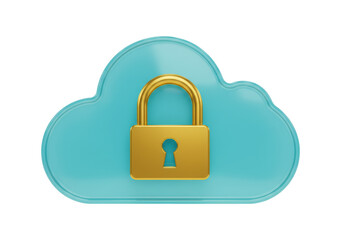 Isolated cloud-shaped data storage with padlock for security concept in blue and gold colors