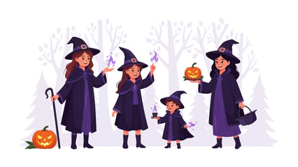 Enchanting Witches and Spooky Scene: Captivating illustration of a bewitching gathering, where each witch holds the essence of autumn and magic.
