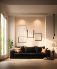Elegant Living Room Interior with Black Sofa, Picture Frames, and Natural Light for Mockup