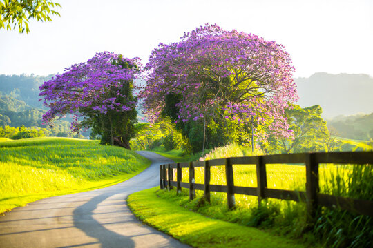 Winding road through lush green landscape with blooming jacaranda trees