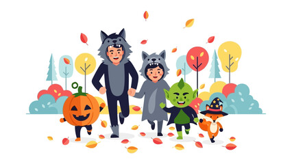 Halloween revelry: Children and a pumpkin delight in costumes, running and reveling joyously in a park setting, adorned with autumn leaves, the perfect embodiment of autumnal fun.