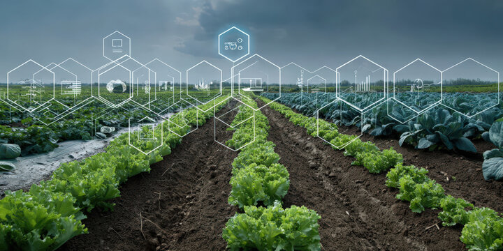 Lush agricultural field with rows of green crops is enhanced by digital icons representing data analytics and precision agriculture, showcasing modern farming technology - Powered by Adobe