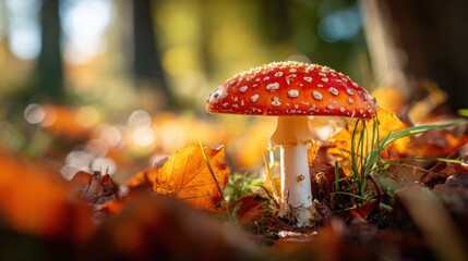 Amanita Muscaria Mushroom in Autumn Forest with Fallen Leaves, Macro Shot, Nature Photography