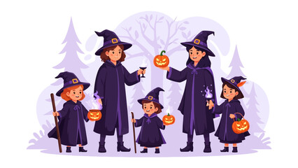 Halloween Witch Family: A family, adorned in traditional witch attire, stands together, pumpkins in hand. A cartoon scene, illustrating the holiday's spirit.