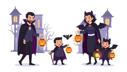 Spooky Night: A Family's Halloween Adventure: A lively cartoon illustration captures a family of four fully embracing the spooky spirit of Halloween night.