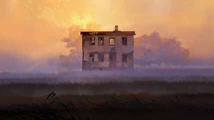 a painted morning landscape with a house in a clearing. A picturesque old house in a misty forest