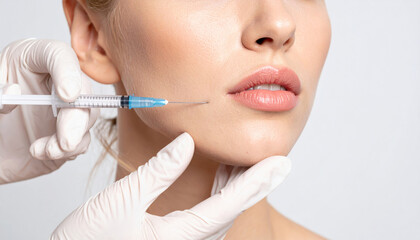 Close up cosmetic injection on calm woman face for skin treatment and rejuvenation