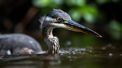 Serene heron portrait in water with blurred forest background nature wildlife photography