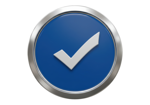 Isolated blue badge button with a check mark symbol on a silver frame, isolated button