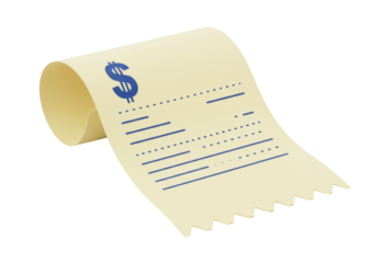 Isolated financial receipt with dollar symbol for purchases and payments of costs due