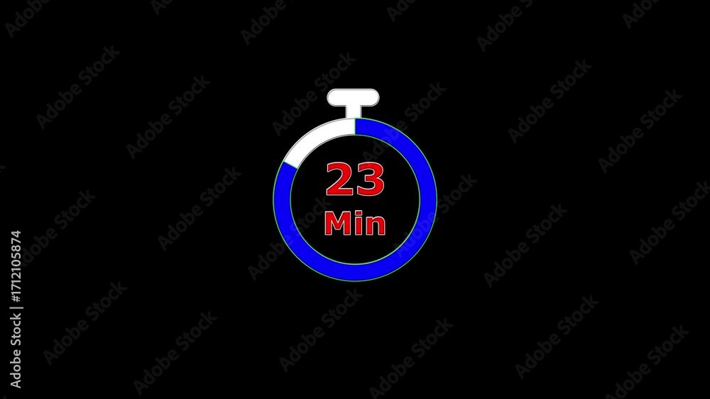 Poster circular timer countdown 28 to 0 minutes. 28 minute countdown clock animation. white, blue , red col