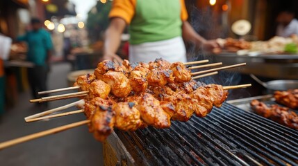 Grilling Chicken Skewers at a Bustling Food Stall offers tantalizing glimpses into street food