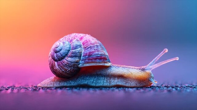 A captivating close-up of a snail, illuminated by vibrant, multicolored light, showcasing its intricate shell and delicate features.