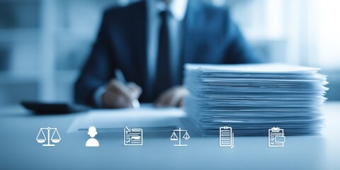 Businessman reviewing documents on a desk with law icons, representing legal compliance and regulatory affairs