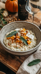 Winter squash risotto with toasted pine nuts, Brie cheese. Rustic cottagecore autumn table serving.
