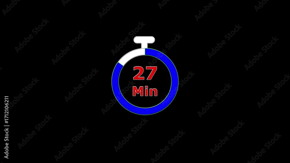 Poster circular timer countdown 32 to 0 minutes. 32 minute countdown clock animation. white, blue , red col