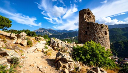 Ruined stone tower on a sun-drenched hillside
