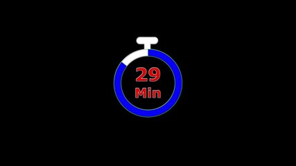 Circular timer countdown 34 to 0 minutes. 34 minute countdown clock animation. white, blue , red colors to this video.