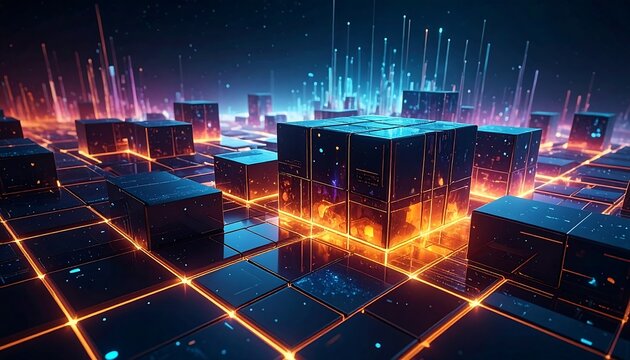 Digital cityscape of glowing cubes and lines against a dark, starry background, representing interconnected data and technology