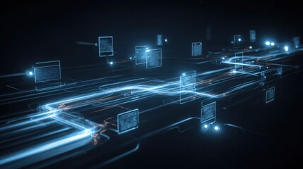 Futuristic Data Stream Visualization with Glowing Light Trails and Floating Information Windows