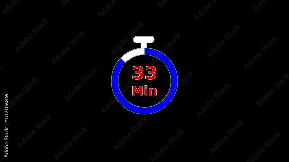 Poster circular timer countdown 38 to 0 minutes. 38 minute countdown clock animation. white, blue , red col