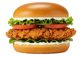 Isolated crispy chicken burger with tomato and lettuce layers on a light tan bun, macro
