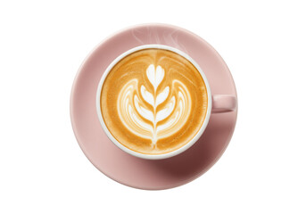 Isolated top view of a latte with decorative latte art in a soft pastel pink cup and saucer