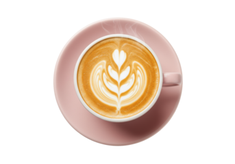 Isolated top view of a latte with decorative latte art in a soft pastel pink cup and saucer