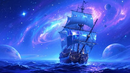 Columbus Day Majestic vintage sailboat navigates vibrant cosmic ocean under a breathtaking nebula-filled starry sky, blending fantasy and exploration with awe-inspiring wonder for imaginative storytel