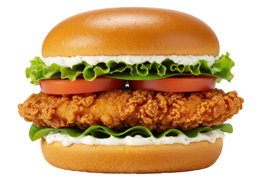 Isolated crispy chicken burger with tomato and lettuce layers on a light tan bun, macro