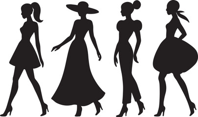 Fashion Silhouettes Set Elegant Female Figures in Stylish Dresses Vector Illustration
