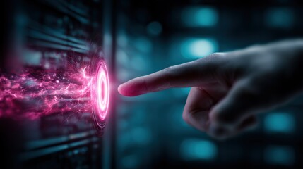 Finger activates futuristic glowing button, representing advanced technology, cybersecurity, data processing, and innovative solutions in dark environment