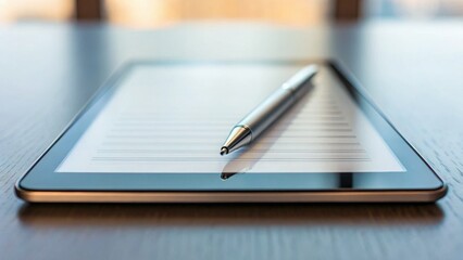 Digital Contract on Tablet Screen with Pen on Wooden Table Surface
