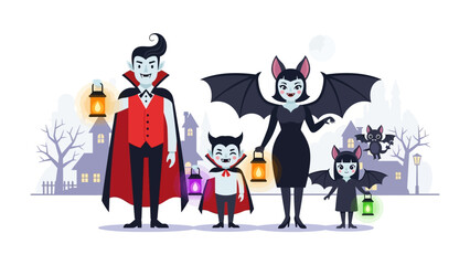 Vampire Family Halloween Celebration: A charming illustration of a vampire family joyfully celebrating Halloween, set against a spooky background with eerie lighting and a hint of mischief.