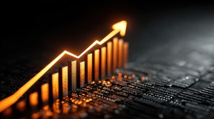 Ascending arrow and bar graph with upward trend over a circuit board indicating increasing profits, growth, or success