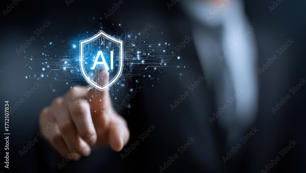 Poster ai protection shield concept with finger pressing icon and digital network data connection, future t