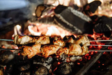 Grilled chicken skewers cooking over a hot fire