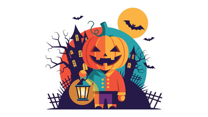 Halloween Pumpkin Man: A cheerful pumpkin-headed character, dressed in a colorful costume, holds a lantern, set against a spooky yet playful Halloween backdrop with a haunted house, bats, and moon.