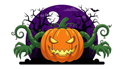 Spooky pumpkin: A captivating cartoon illustration depicts an eerie jack-o'-lantern with a menacing grin set against a moonlit Halloween night. A thrilling depiction of the spooky holiday.