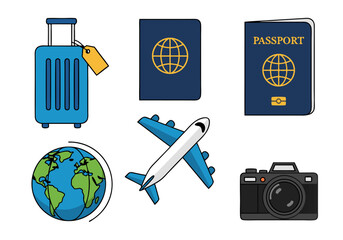 Collection of travel icons including passport, airplane, camera, globe, and suitcase for tourism and vacation