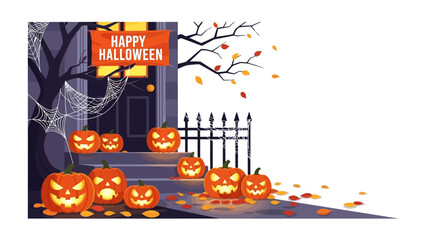 Spooky Halloween Entrance: A festive Halloween scene with carved pumpkins illuminated at night, adorned with decorations, creates an eerie ambiance for the holiday. 