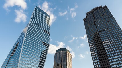 Obraz premium Captivating upward view of modern glass and steel skyscrapers against a vibrant blue sky filled with scattered fluffy white clouds.