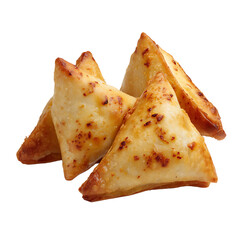 Pile of triangle - shaped savory pastries Golden brown with delicious flakey crust these snacks are perfect for a quick and tasty bite