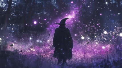 Mysterious Enchanter in Cosmic Forest of Stars and Magic Light