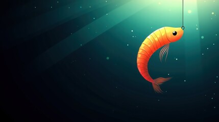 Colorful Cartoon Shrimp on Fishing Hook in Underwater Scene