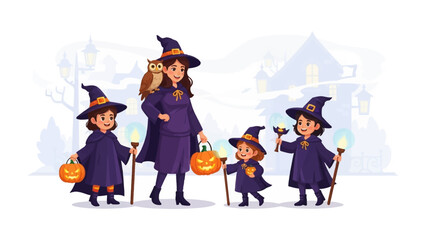 Halloween Witch Family: A bewitching family of witches prepares for a night of trick-or-treating. The mother witch, accompanied by an owl, leads her children, each holding a lantern and a pumpkin.