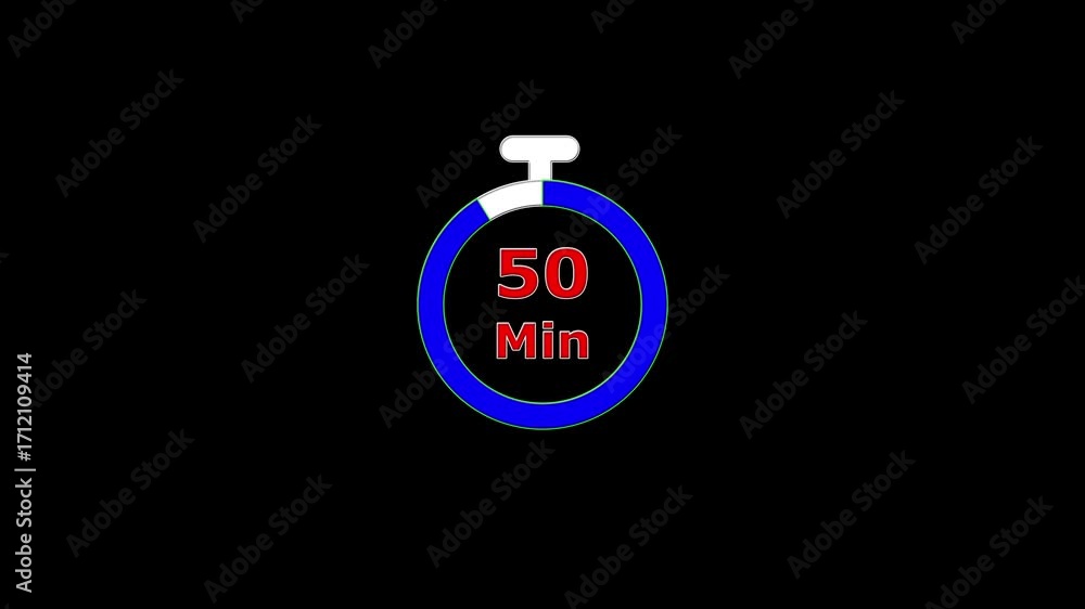 Poster circular timer countdown 55 to 0 minutes. 55 minute countdown clock animation. white, blue , red col