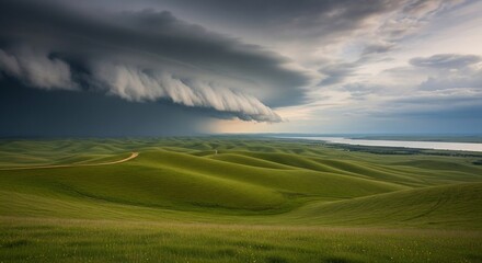 Obraz premium Dramatic Shelf Cloud Over Rolling Green Hills and Distant Lake Landscape