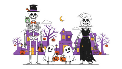 Spooky Halloween Family Illustration: A whimsical illustration of a skeleton family in their Halloween costumes stands against a backdrop of a spooky town.