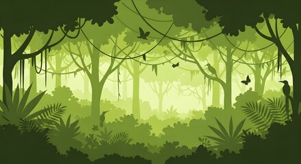 A vibrant vector flat illustration of a dense tropical rainforest with layered foliage in varying shades of green. 